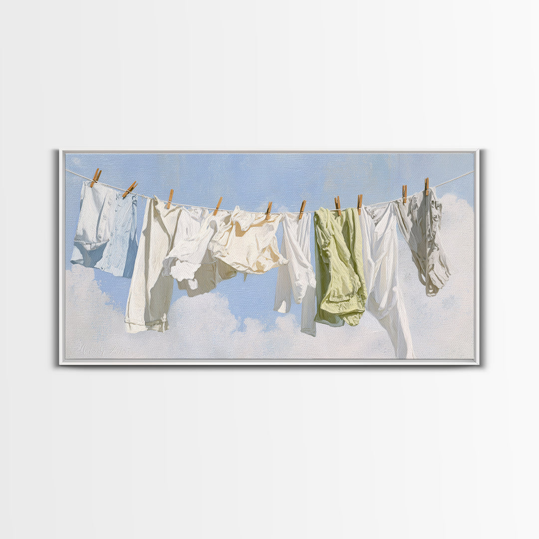 Clothesline with White Linens Blowing in Sunshine Canvas Print, Laundry Room Art, Digital Wall Art, Living Room Decor, Clean, LRA-2x1-45