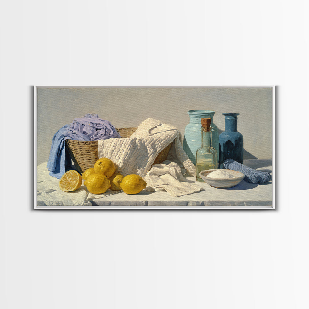 Lemon and Clean Linen Still Life Canvas Print, Laundry Room Art, Farmhouse Decor, Living Room Decor, Abstract Art, Clean, LRA-2x1-47