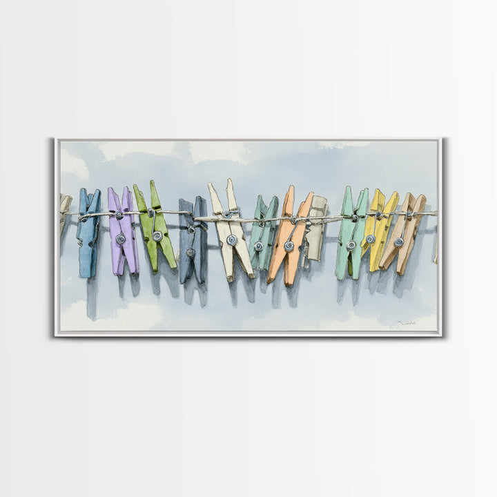 Cheerful Clothespins Arranged as Pattern Canvas Print, Laundry Room Art, Digital Art, Living Room Decor, Fine Art, Clean, LRA-2x1-48