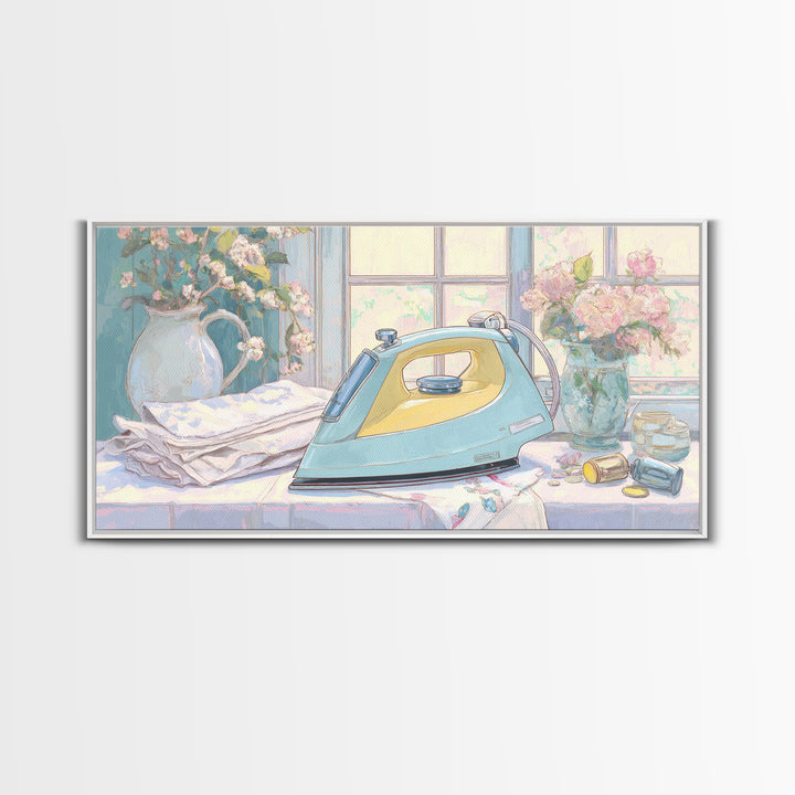 Retro Iron Illustration Framed Canvas Print, Laundry Room Art, Living Room Decor, Watercolor Art, Clean, Wall Art Print, LRA-2x1-5