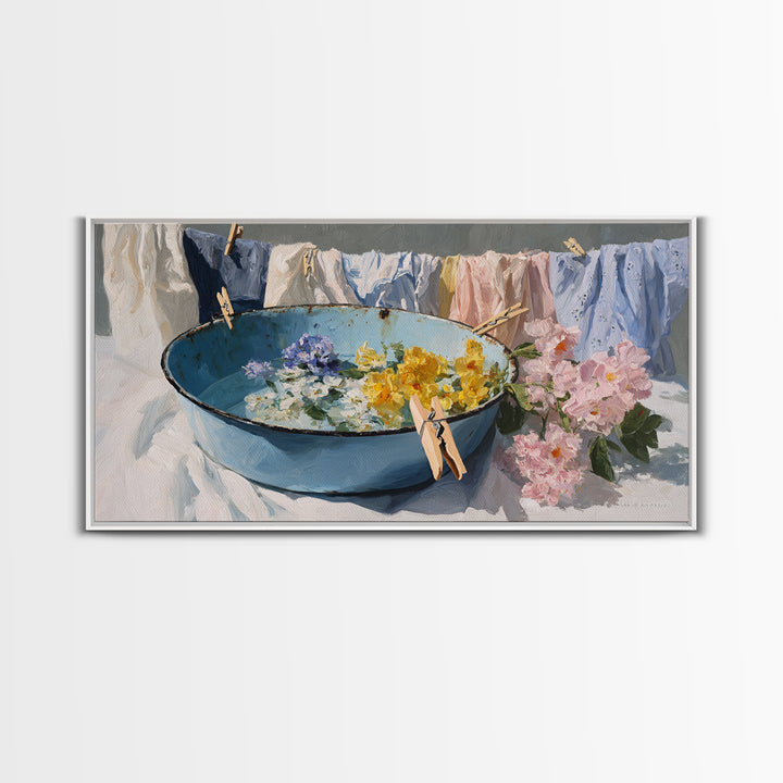 Old Enamel Basin Filled Canvas Print, Laundry Room Art, Printable Wall Art, Living Room Decor, Watercolor Art, Clean, LRA-2x1-52