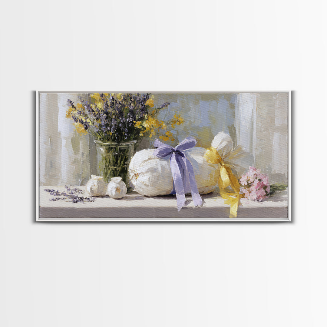 Lavender Sachet and Ribbon Still Life Canvas Print, Laundry Room Art, Printable Wall Art, Living Room Decor, Fine Art, Clean, LRA-2x1-61