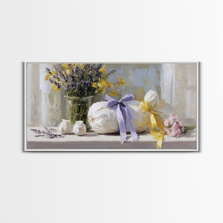 Lavender Sachet and Ribbon Still Life Canvas Print, Laundry Room Art, Printable Wall Art, Living Room Decor, Fine Art, Clean, LRA-2x1-61