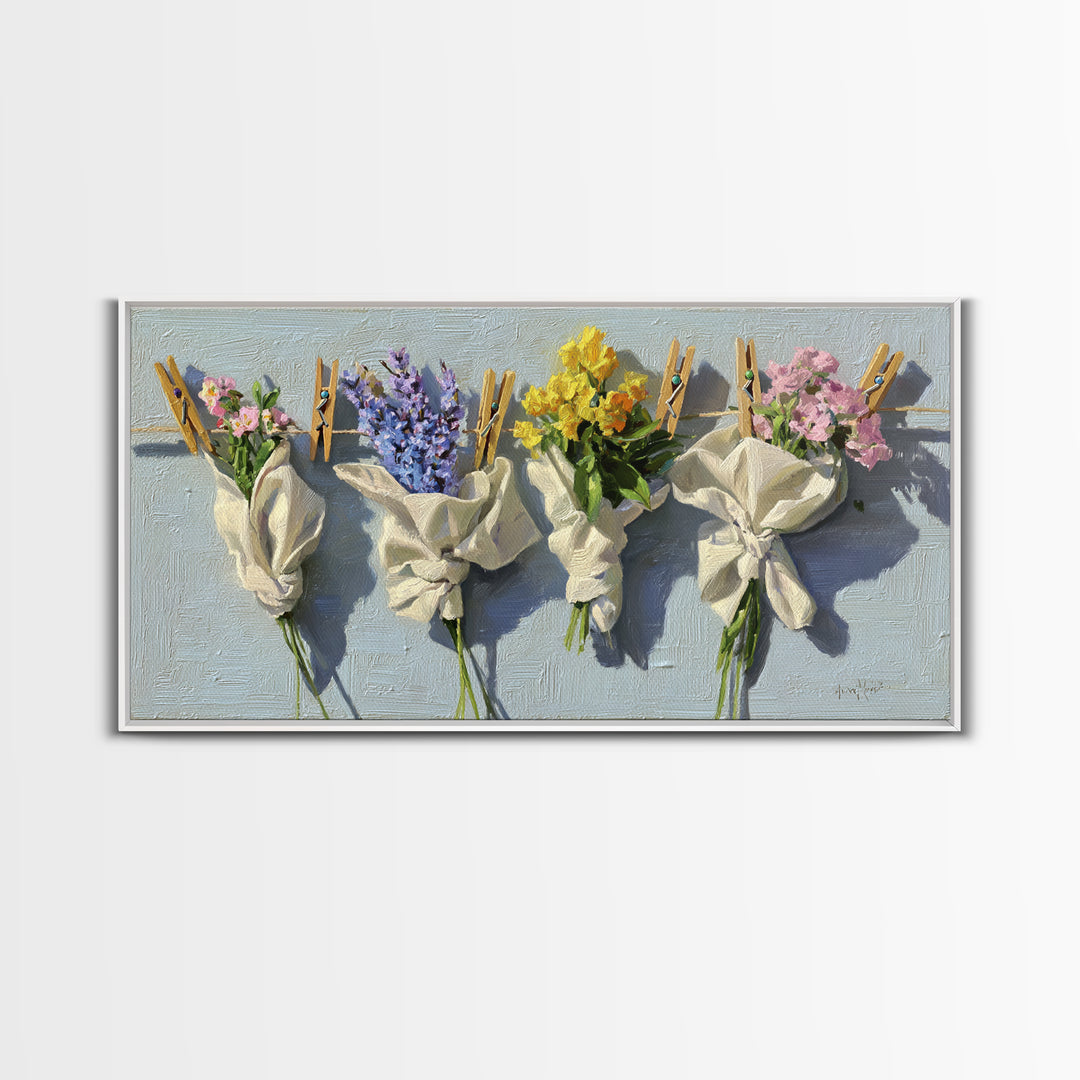 Clothespin Bouquet in Folk Art Style Canvas Print, Laundry Room Art, Artwork, Living Room Decor, Clean, Minimalist Wall Art, LRA-2x1-64