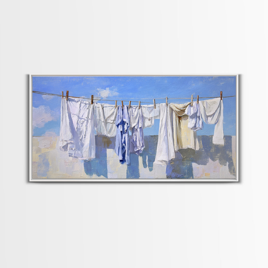 Clothesline with White Linens Blowing in Sunshine Canvas Print, Laundry Room Art, Farmhouse Decor, Living Room Decor, Clean, LRA-2x1-69