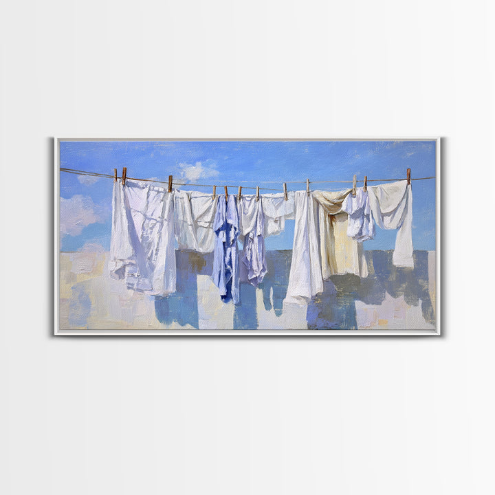 Clothesline with White Linens Blowing in Sunshine Canvas Print, Laundry Room Art, Farmhouse Decor, Living Room Decor, Clean, LRA-2x1-69