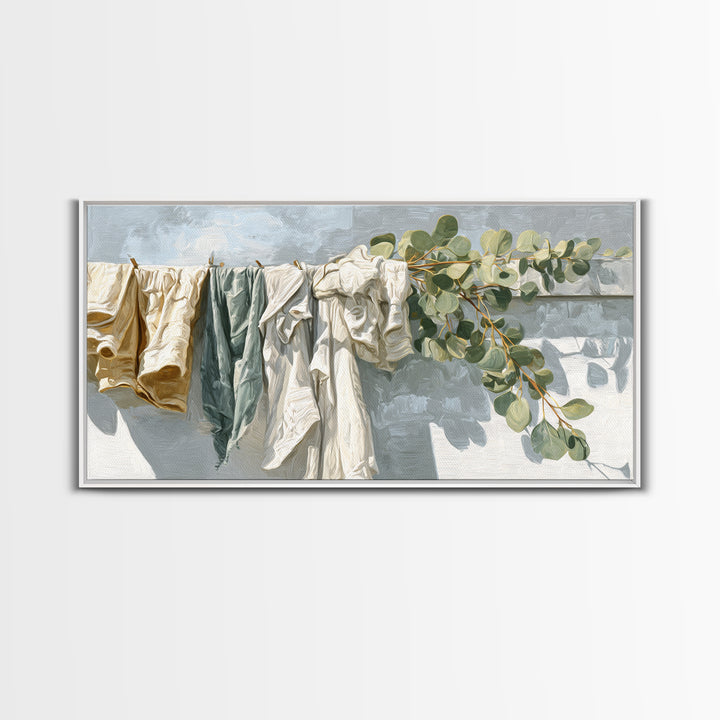 Sunlit White Towels and Eucalyptus Branch Framed Canvas Print, Laundry Room Art, Living Room Decor, Watercolor Art, Clean, LRA-2x1-7