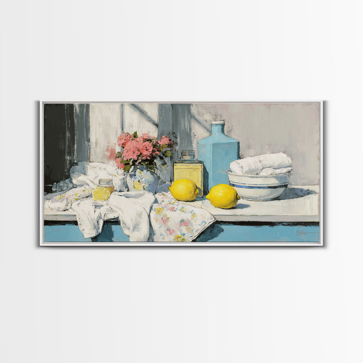 Lemon and Clean Linen Still Life Canvas Print, Laundry Room Art, Downloadable Art, Living Room Decor, Fine Art, Clean, LRA-2x1-71