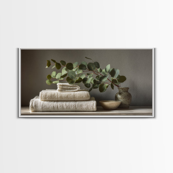 Sunlit White Towels and Eucalyptus Branch Canvas Print, Laundry Room Art, Gallery Wall Prints, Living Room Decor, Clean, LRA-2x1-79