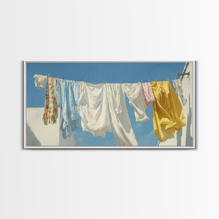 Clothesline with White Linens Blowing in Sunshine Canvas Print, Laundry Room Art, Farmhouse Decor, Living Room Decor, Clean, LRA-2x1-93