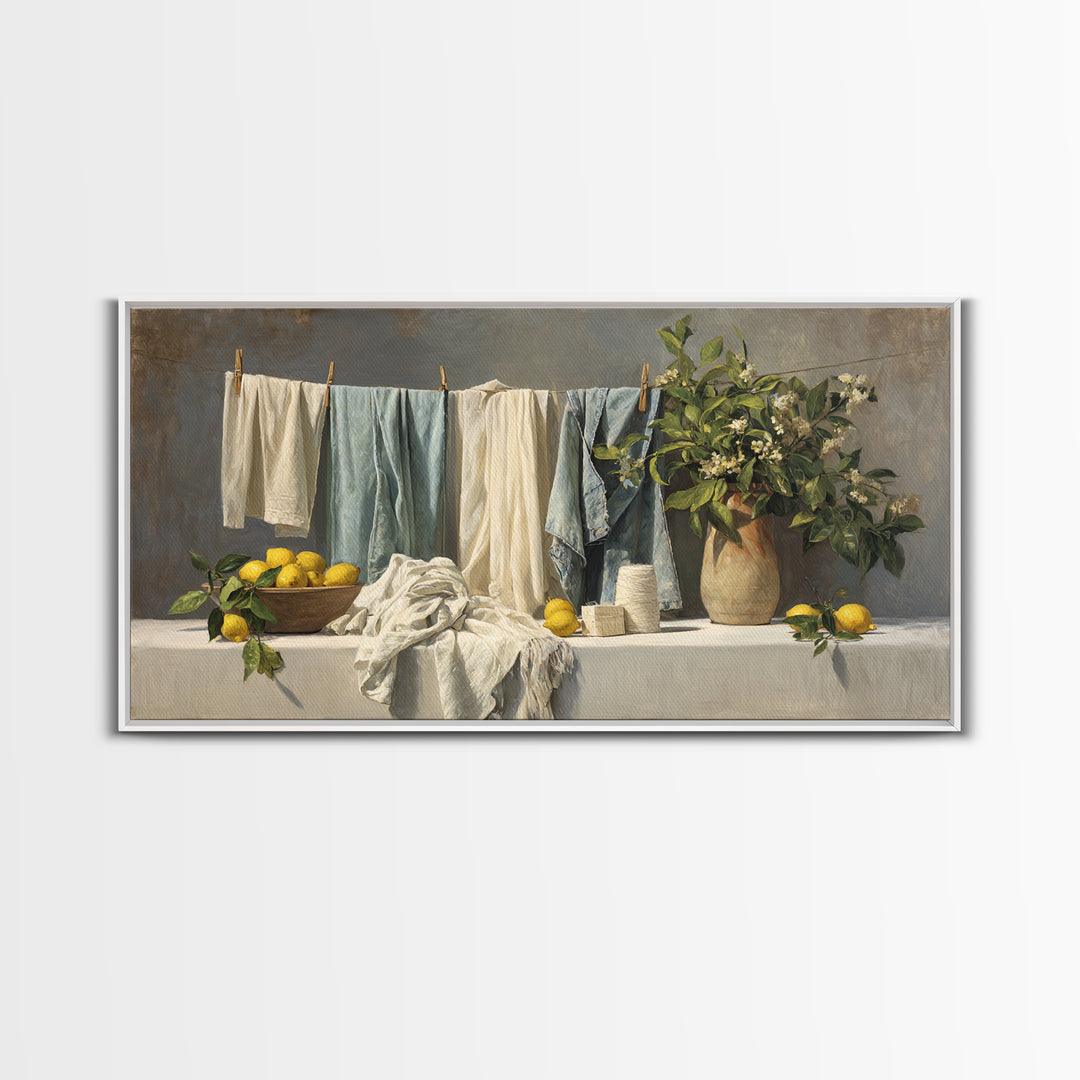 Lemon and Clean Linen Still Life Framed Canvas Print, Laundry Room Art, Digital Art Print, Living Room Decor, Fine Art, Clean, LRA-2x1-95