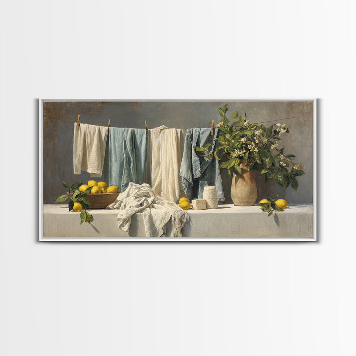 Lemon and Clean Linen Still Life Framed Canvas Print, Laundry Room Art, Digital Art Print, Living Room Decor, Fine Art, Clean, LRA-2x1-95