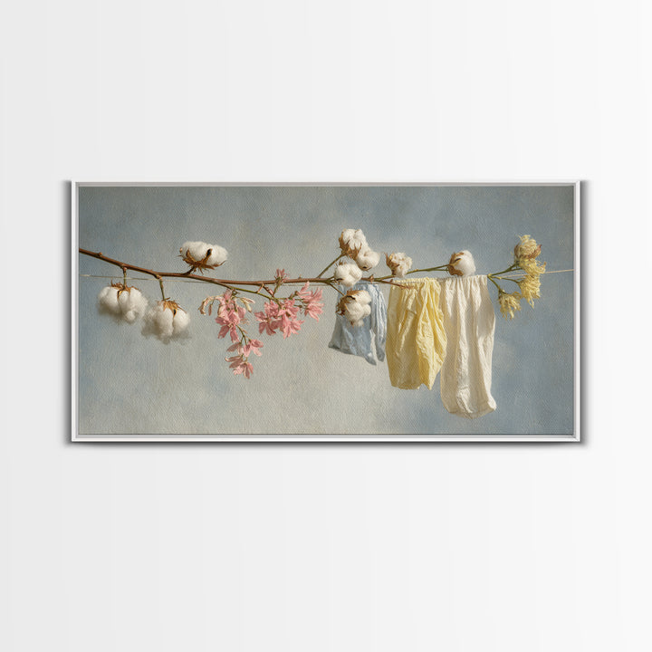 Fresh Cotton Branch Botanical Study Framed Canvas Print, Laundry Room Art, Wall Art Print, Living Room Decor, Watercolor Art, LRA-2x1-99