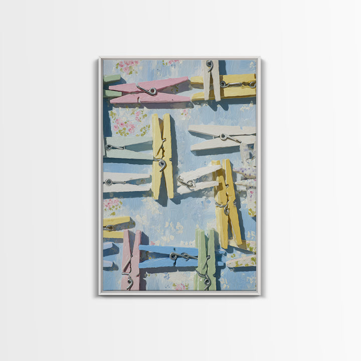 Cheerful Clothespins Arranged as Pattern Framed Canvas Print, Laundry Room Art, Minimalist Decor, Living Room Decor, LRA-2x3-12