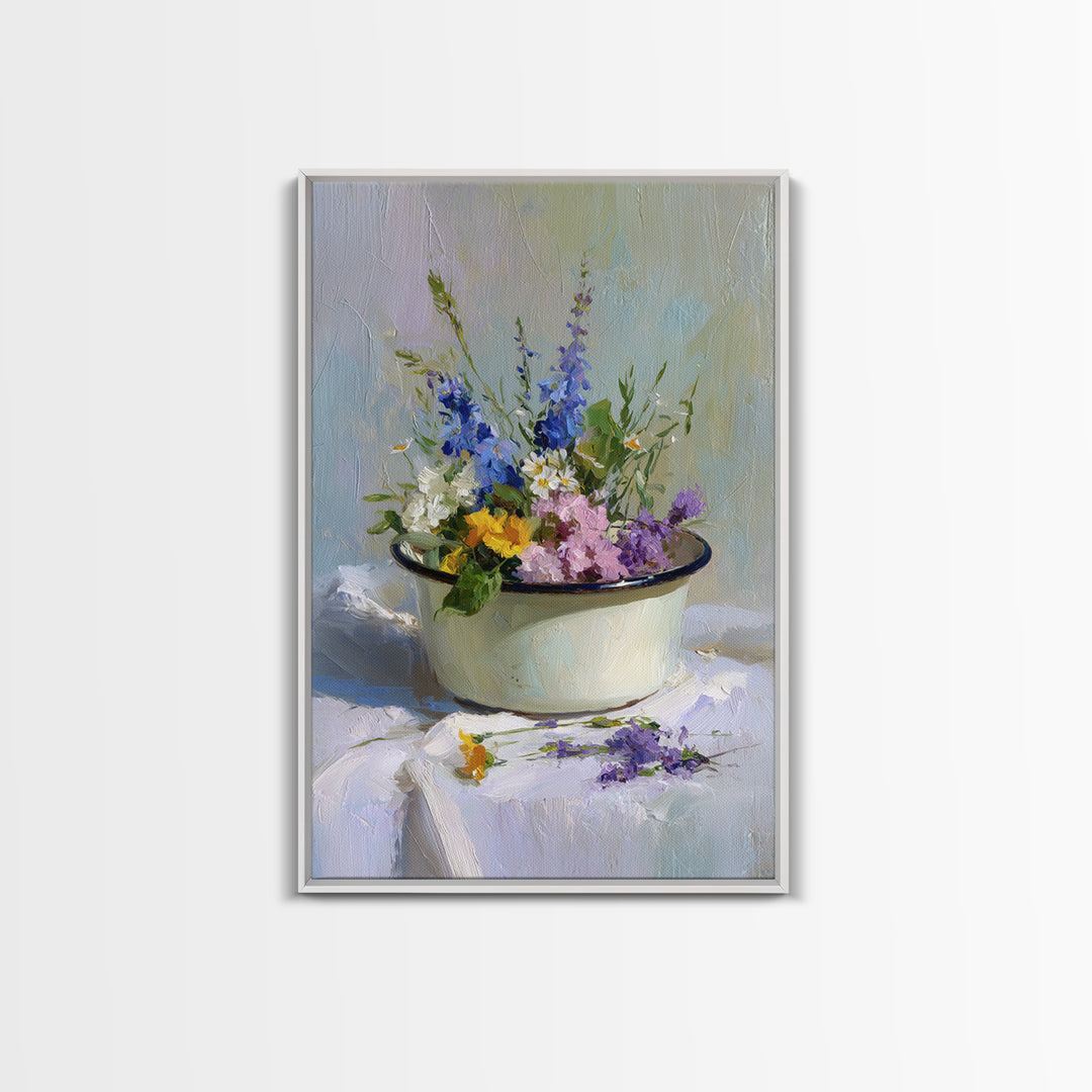 Old Enamel Basin Filled Canvas Print, Laundry Room Art, Whimsical Art, Living Room Decor, Fine Art, Clean, Statement Artwork, LRA-2x3-16