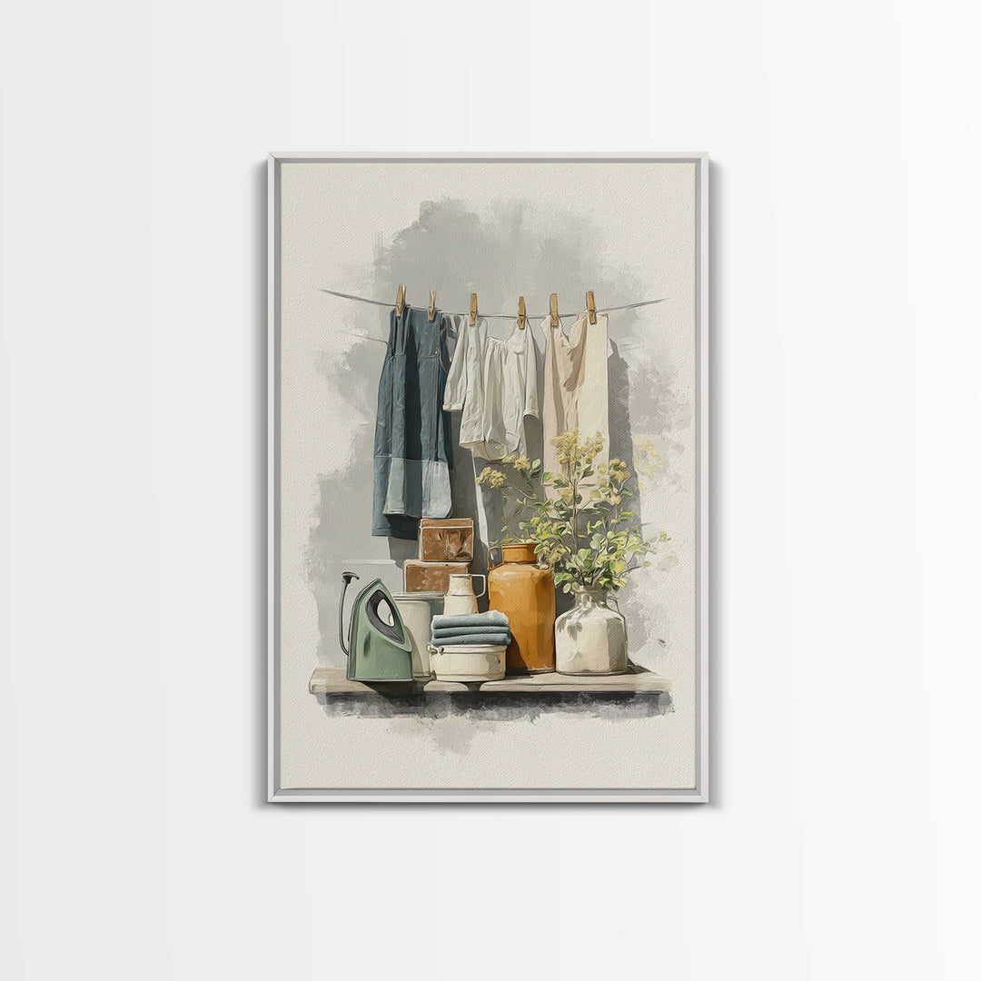 Retro Iron Illustration Framed Canvas Print, Laundry Room Art, Printable Wall Art, Living Room Decor, Abstract Art, Clean, LRA-2x3-17