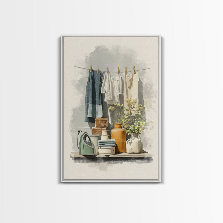 Retro Iron Illustration Framed Canvas Print, Laundry Room Art, Printable Wall Art, Living Room Decor, Abstract Art, Clean, LRA-2x3-17