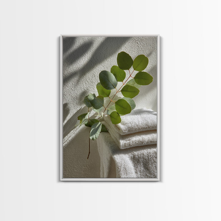 Sunlit White Towels and Eucalyptus Branch Framed Canvas Print, Laundry Room Art, Neutral Decor, Living Room Decor, LRA-2x3-19