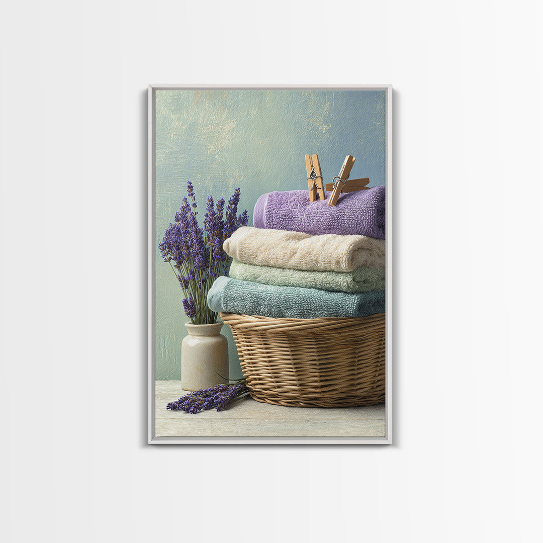 Basket of Folded Towels Framed Canvas Print, Laundry Room Art, Textured Painting, Living Room Decor, Fine Art, Clean, LRA-2x3-22