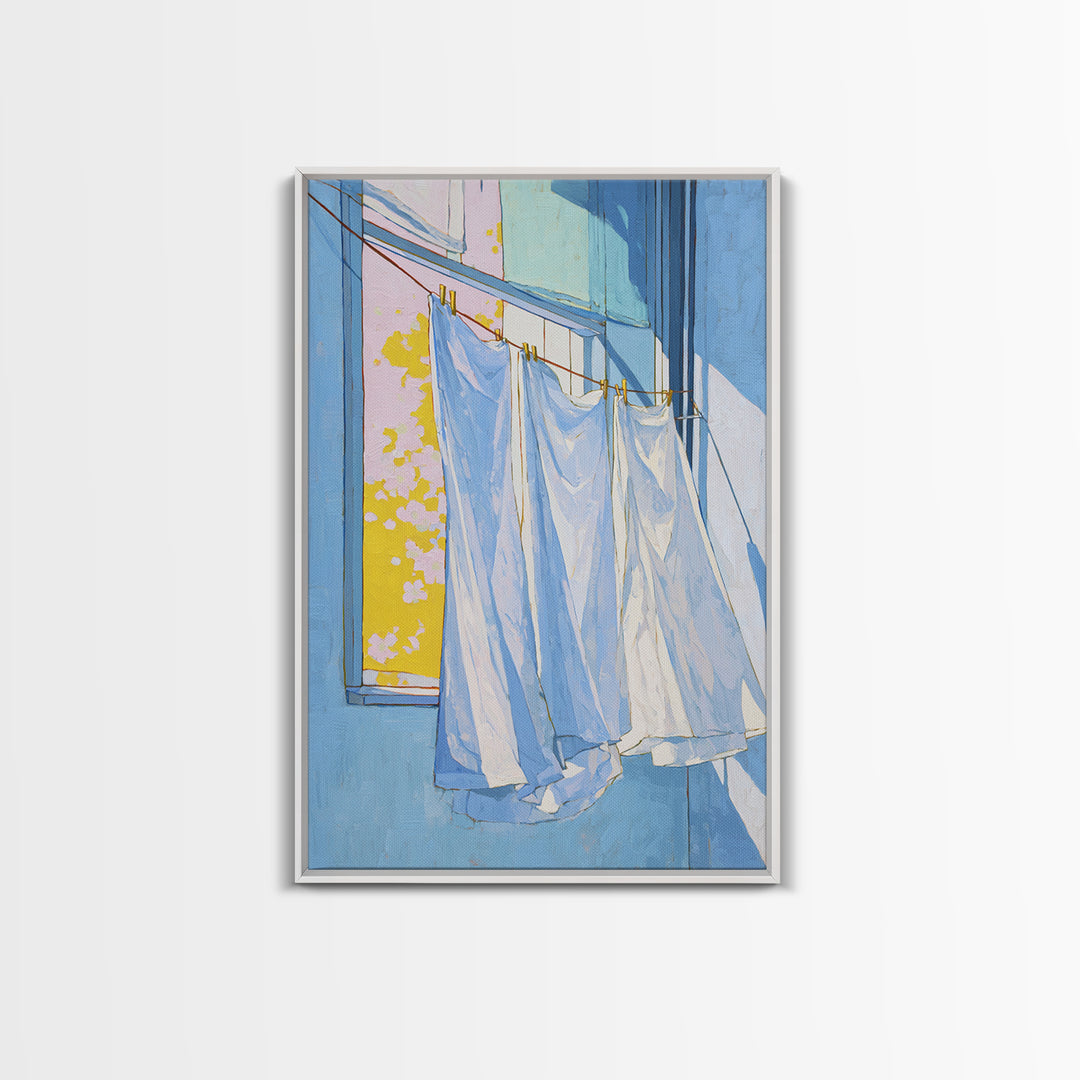 Simple Line Drawing of Hanging Laundry Framed Canvas Print, Laundry Room Art, Living Room Decor, Abstract Art, Clean, LRA-2x3-24
