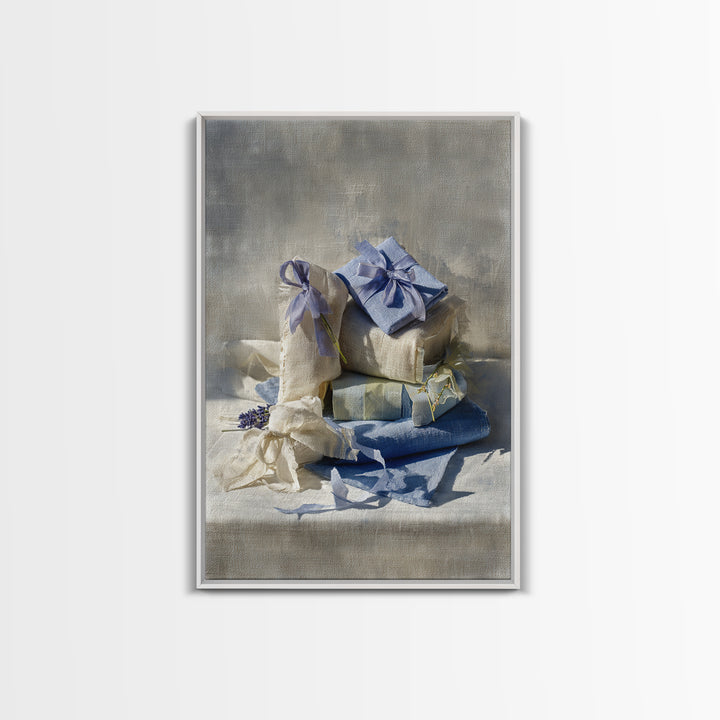 Lavender Sachet and Ribbon Still Life Framed Canvas Print, Laundry Room Art, Home Decor, Living Room Decor, Fine Art, Clean, LRA-2x3-25