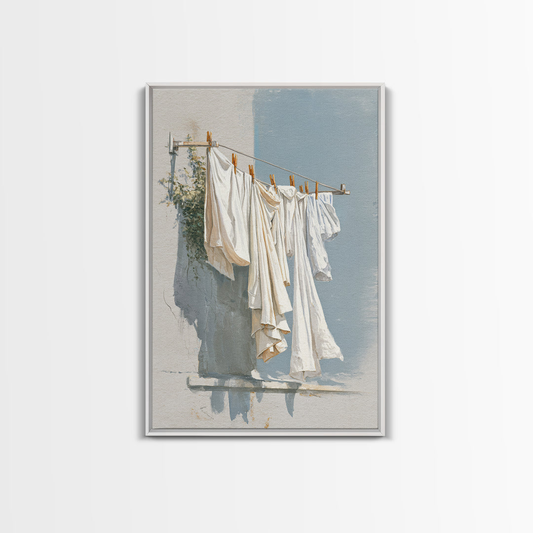 Clothesline with White Linens Blowing in Sunshine Canvas Print, Laundry Room Art, Digital Print, Living Room Decor, Clean, LRA-2x3-33
