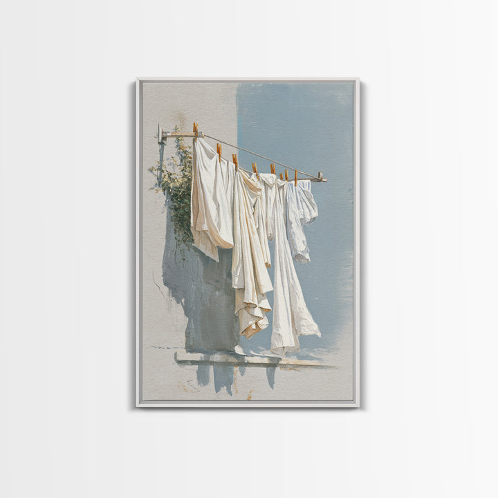 Clothesline with White Linens Blowing in Sunshine Canvas Print, Laundry Room Art, Digital Print, Living Room Decor, Clean, LRA-2x3-33