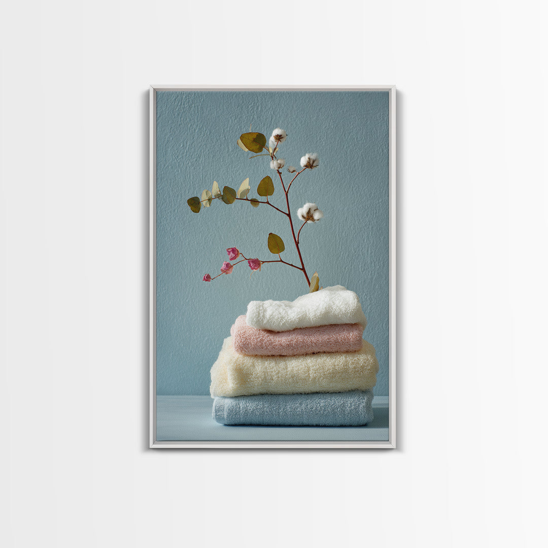Sunlit White Towels and Eucalyptus Branch Framed Canvas Print, Laundry Room Art, Contemporary Art, Living Room Decor, Clean, LRA-2x3-43