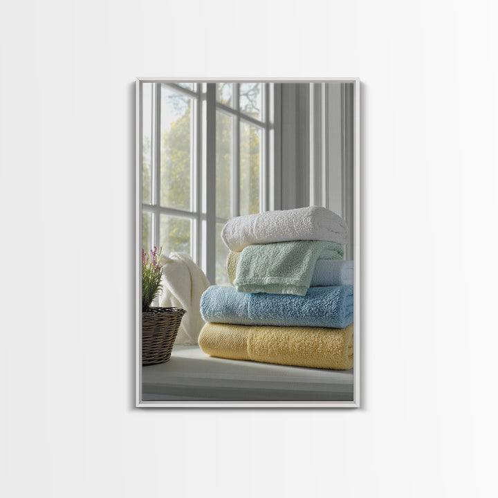 Basket of Folded Towels Framed Canvas Print, Laundry Room Art, Textured Painting, Living Room Decor, Fine Art, Clean, LRA-2x3-46