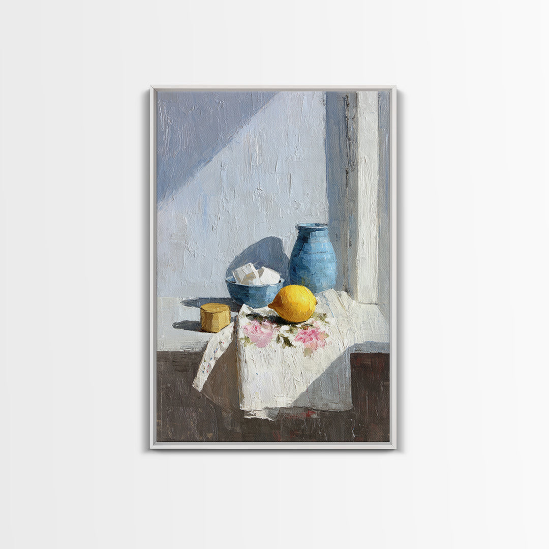 Lemon and Clean Linen Still Life Framed Canvas Print, Laundry Room Art, Digital Art, Living Room Decor, Abstract Art, Clean, LRA-2x3-59