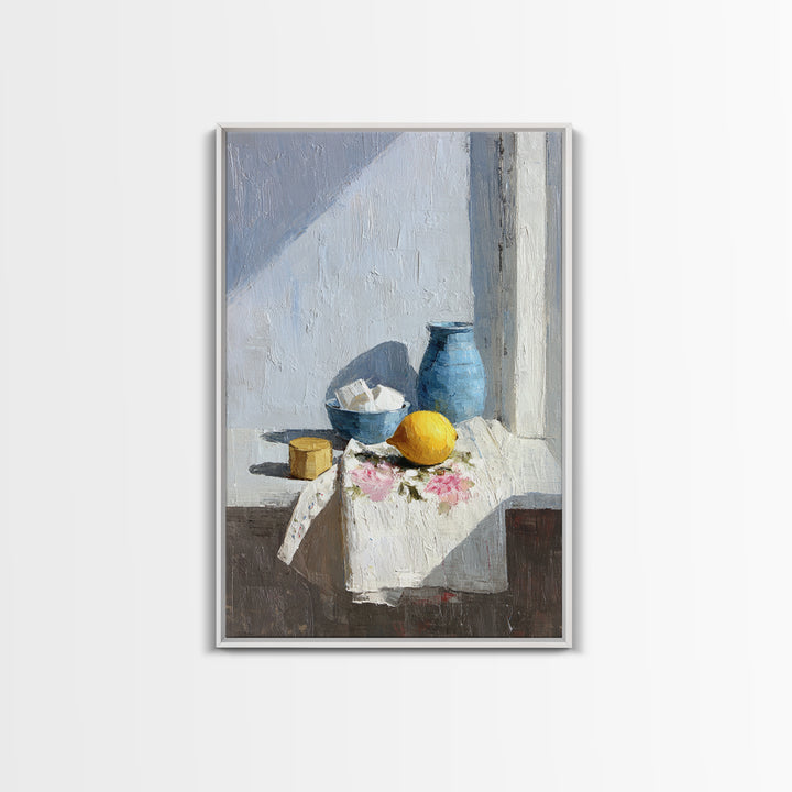Lemon and Clean Linen Still Life Framed Canvas Print, Laundry Room Art, Digital Art, Living Room Decor, Abstract Art, Clean, LRA-2x3-59
