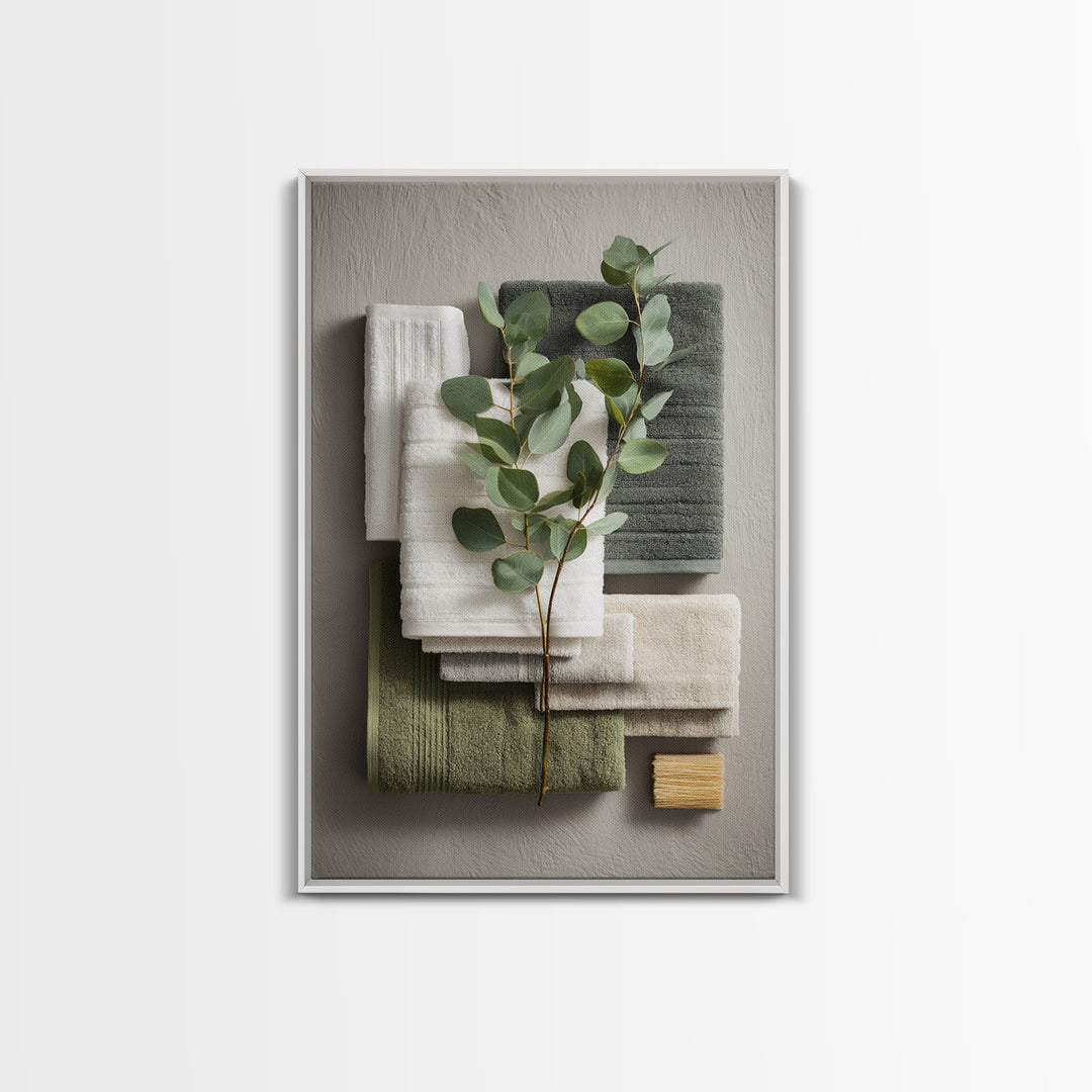 Sunlit White Towels and Eucalyptus Branch Canvas Print, Laundry Room Art, Oil Painting, Living Room Decor, Fine Art, Clean, LRA-2x3-67