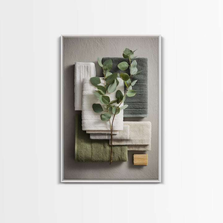 Sunlit White Towels and Eucalyptus Branch Canvas Print, Laundry Room Art, Oil Painting, Living Room Decor, Fine Art, Clean, LRA-2x3-67