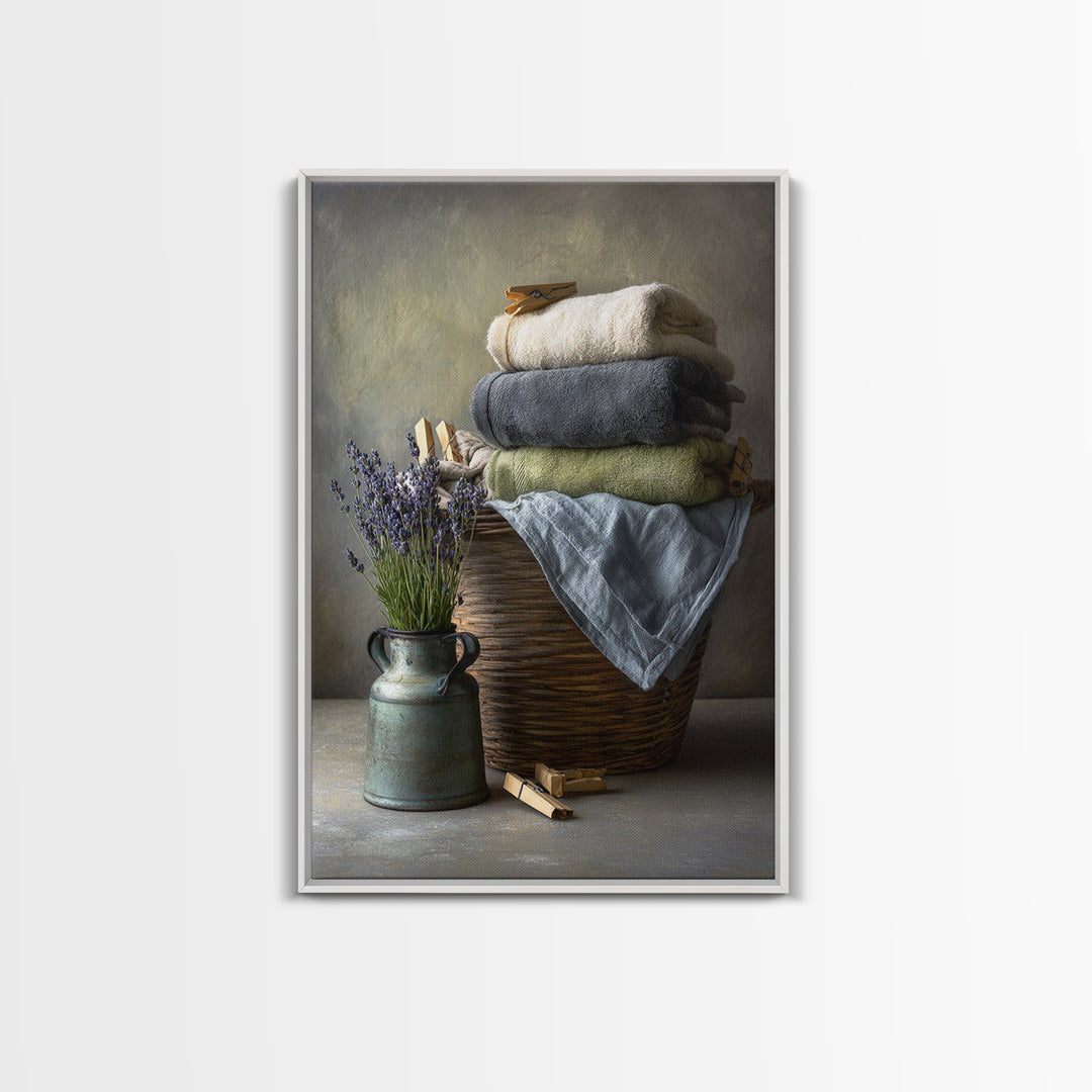 Basket of Folded Towels Canvas Print, Laundry Room Art, Painting, Living Room Decor, Fine Art, Clean, Wall Art Print, LRA-2x3-70