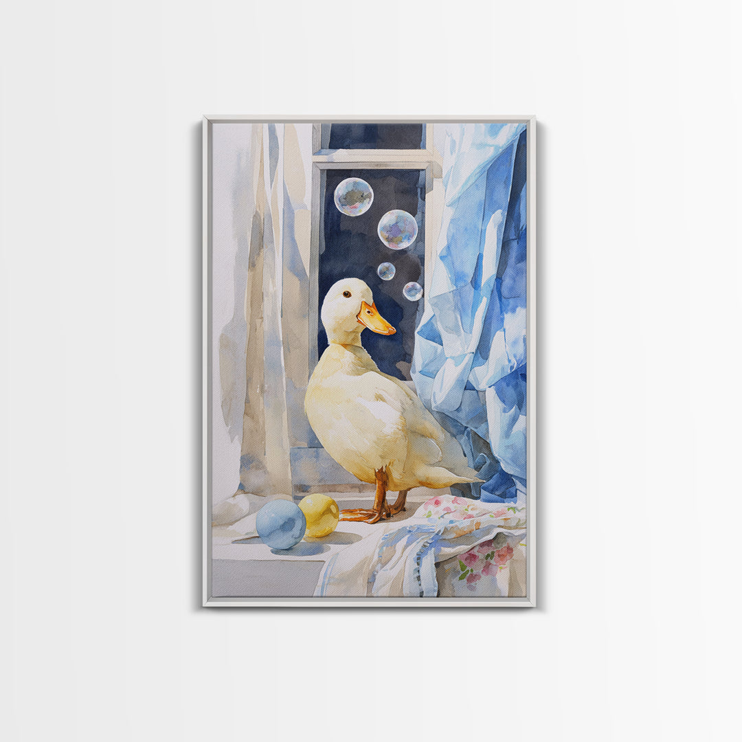 Duck and Bubbles Whimsical Watercolor Canvas Print, Laundry Room Art, Digital Wall Art, Living Room Decor, Fine Art, Clean, LRA-2x3-71