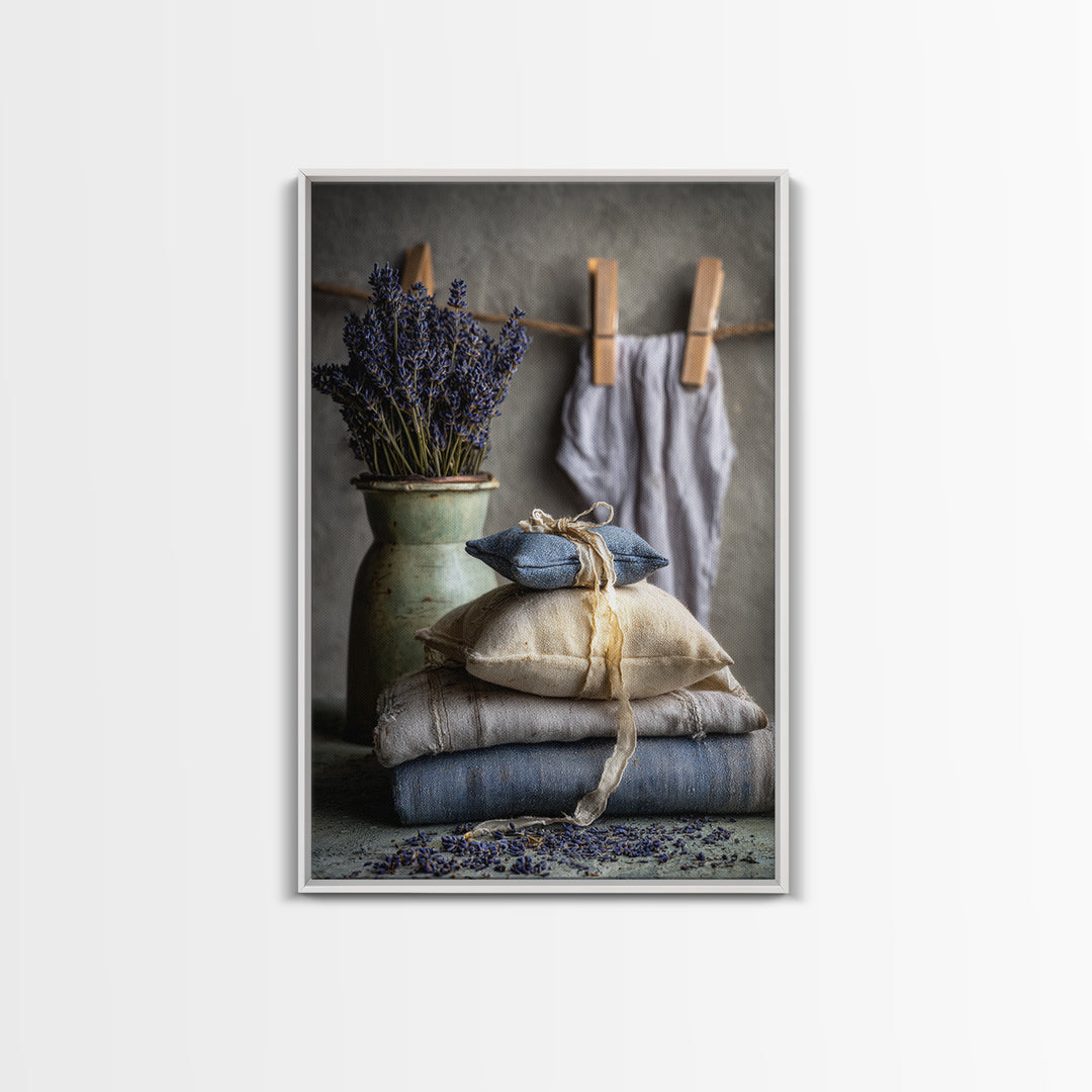 Lavender Sachet and Ribbon Still Life Framed Canvas Print, Laundry Room Art, Farmhouse Decor, Living Room Decor, Clean, LRA-2x3-73