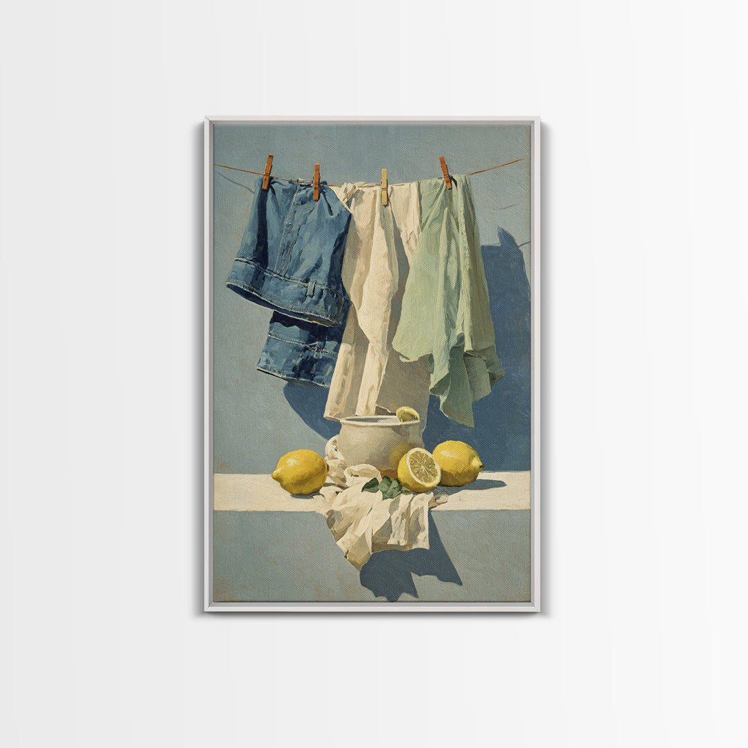 Lemon and Clean Linen Still Life Framed Canvas Print, Laundry Room Art, Wall Art Print, Living Room Decor, Fine Art, Clean, LRA-2x3-83