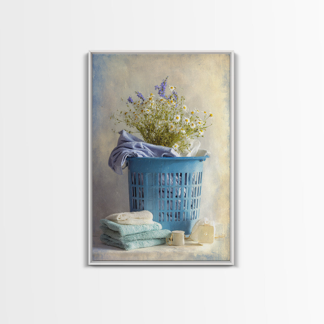 Blue Laundry Basket Framed Canvas Print, Laundry Room Art, Wall Art Print, Living Room Decor, Oil Painting, Clean, LRA-2x3-85
