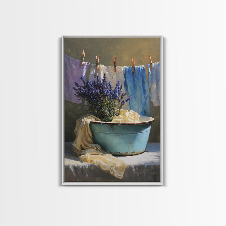 Old Enamel Basin Filled Framed Canvas Print, Laundry Room Art, Artwork, Living Room Decor, Fine Art, Clean, Minimalist Wall Art, LRA-2x3-88