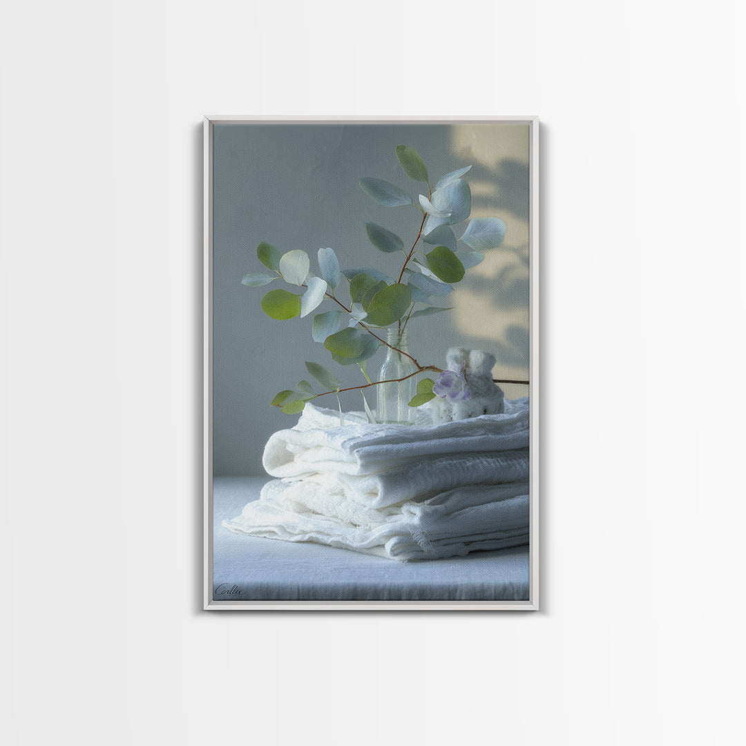 Sunlit White Towels and Eucalyptus Branch Canvas Print, Laundry Room Art, Retro Wall Art, Living Room Decor, Watercolor Art, LRA-2x3-91