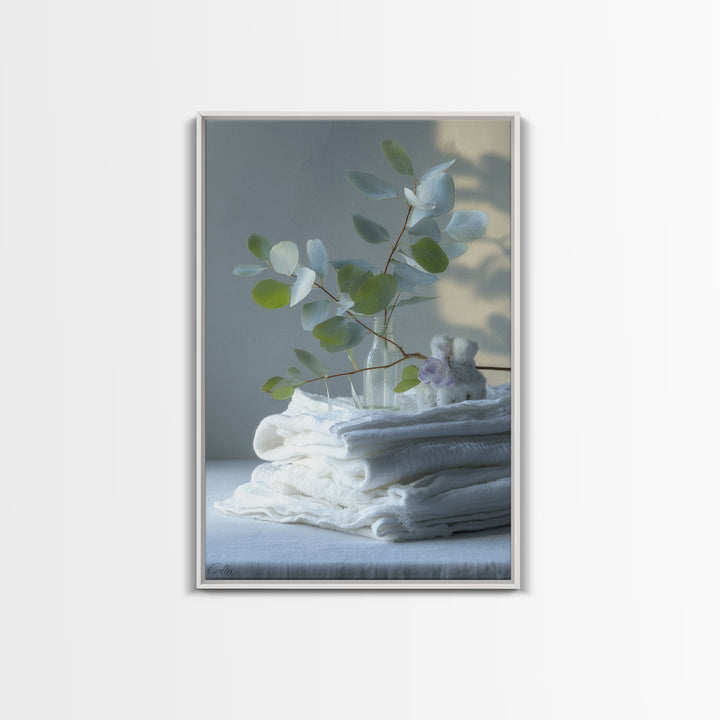 Sunlit White Towels and Eucalyptus Branch Canvas Print, Laundry Room Art, Retro Wall Art, Living Room Decor, Watercolor Art, LRA-2x3-91