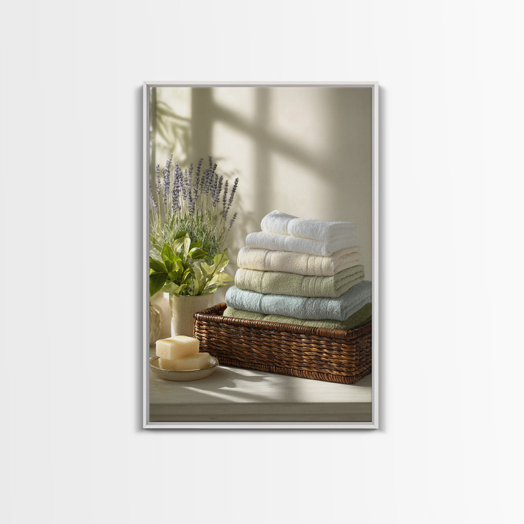 Basket of Folded Towels Framed Canvas Print, Laundry Room Art, Digital Print, Living Room Decor, Clean, Custom Wall Art, LRA-2x3-94