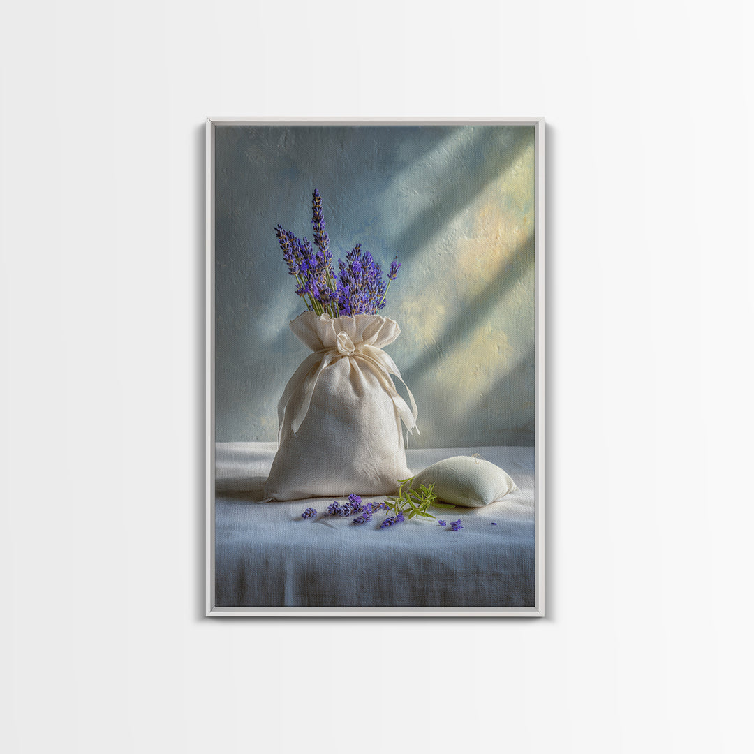 Lavender Sachet and Ribbon Still Life Framed Canvas Print, Laundry Room Art, Farmhouse Decor, Living Room Decor, Clean, LRA-2x3-97