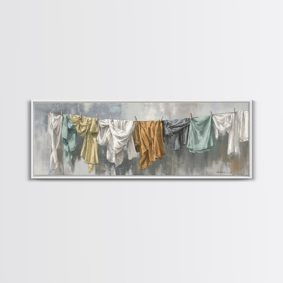 Clothesline with White Linens Blowing in Sunshine Canvas Print, Laundry Room Art, Farmhouse Wall Decor, Living Room Decor, LRA-3x1-17