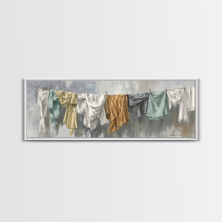 Clothesline with White Linens Blowing in Sunshine Canvas Print, Laundry Room Art, Farmhouse Wall Decor, Living Room Decor, LRA-3x1-17