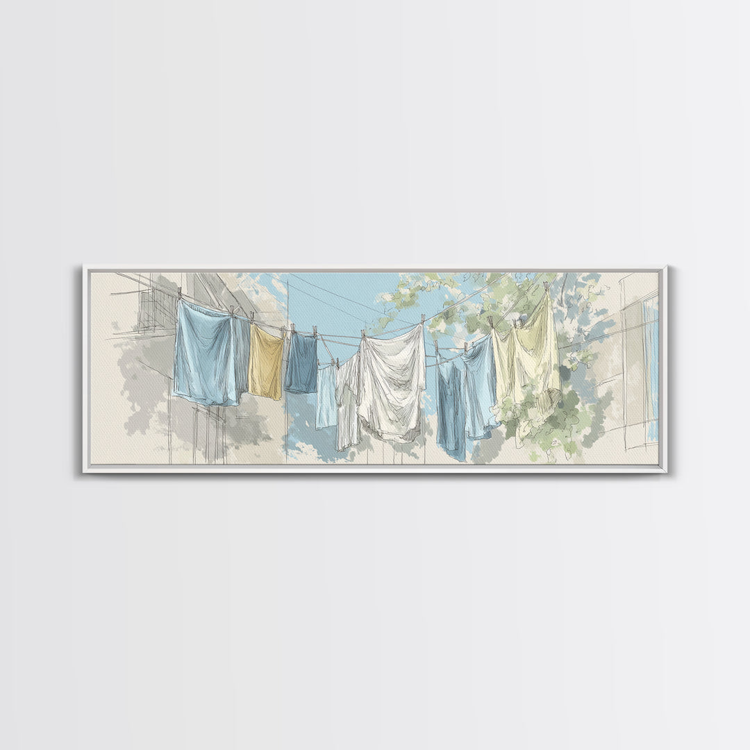 Simple Line Drawing of Hanging Laundry Framed Canvas Print, Laundry Room Art, Digital Art Print, Living Room Decor, LRA-3x1-32