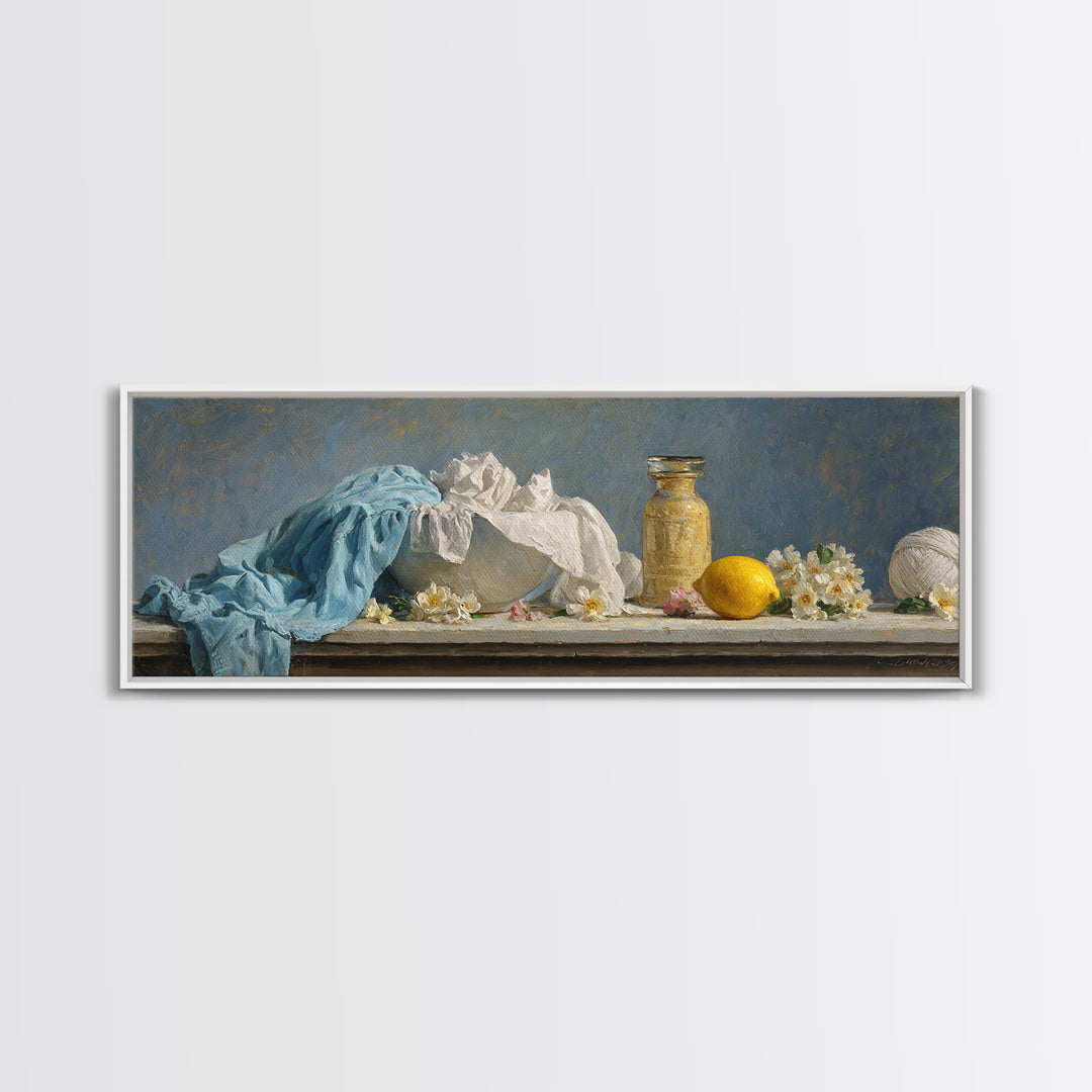 Lemon and Clean Linen Still Life Canvas Print, Laundry Room Art, Living Room Decor, Abstract Art, Clean, Wall Art Print, LRA-3x1-43