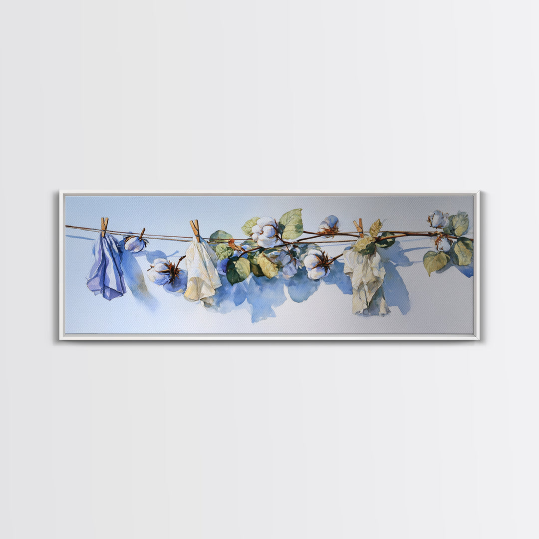 Fresh Cotton Branch Botanical Study Framed Canvas Print, Laundry Room Art, Digital Art, Living Room Decor, Fine Art, Clean, LRA-3x1-47