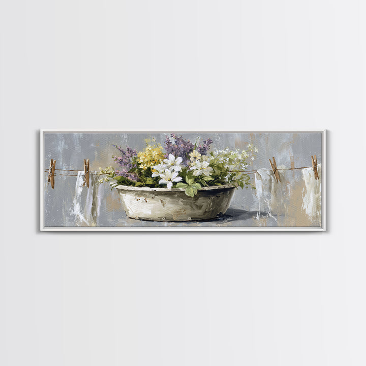 Old Enamel Basin Filled Canvas Print, Laundry Room Art, Art Print, Living Room Decor, Fine Art, Clean, Artwork, Digital Print, LRA-3x1-48
