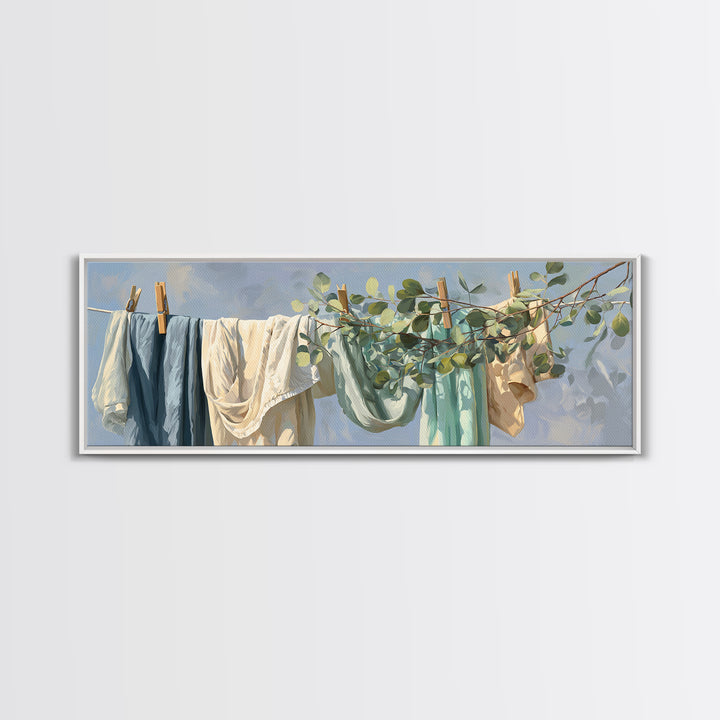 Sunlit White Towels and Eucalyptus Branch Canvas Print, Laundry Room Art, Printable Wall Art, Living Room Decor, Clean, LRA-3x1-51